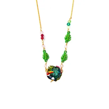 

French style design love bird inlaid with green zircon clavicle chain fashion simple hand-painted enamel glaze necklace jewelry