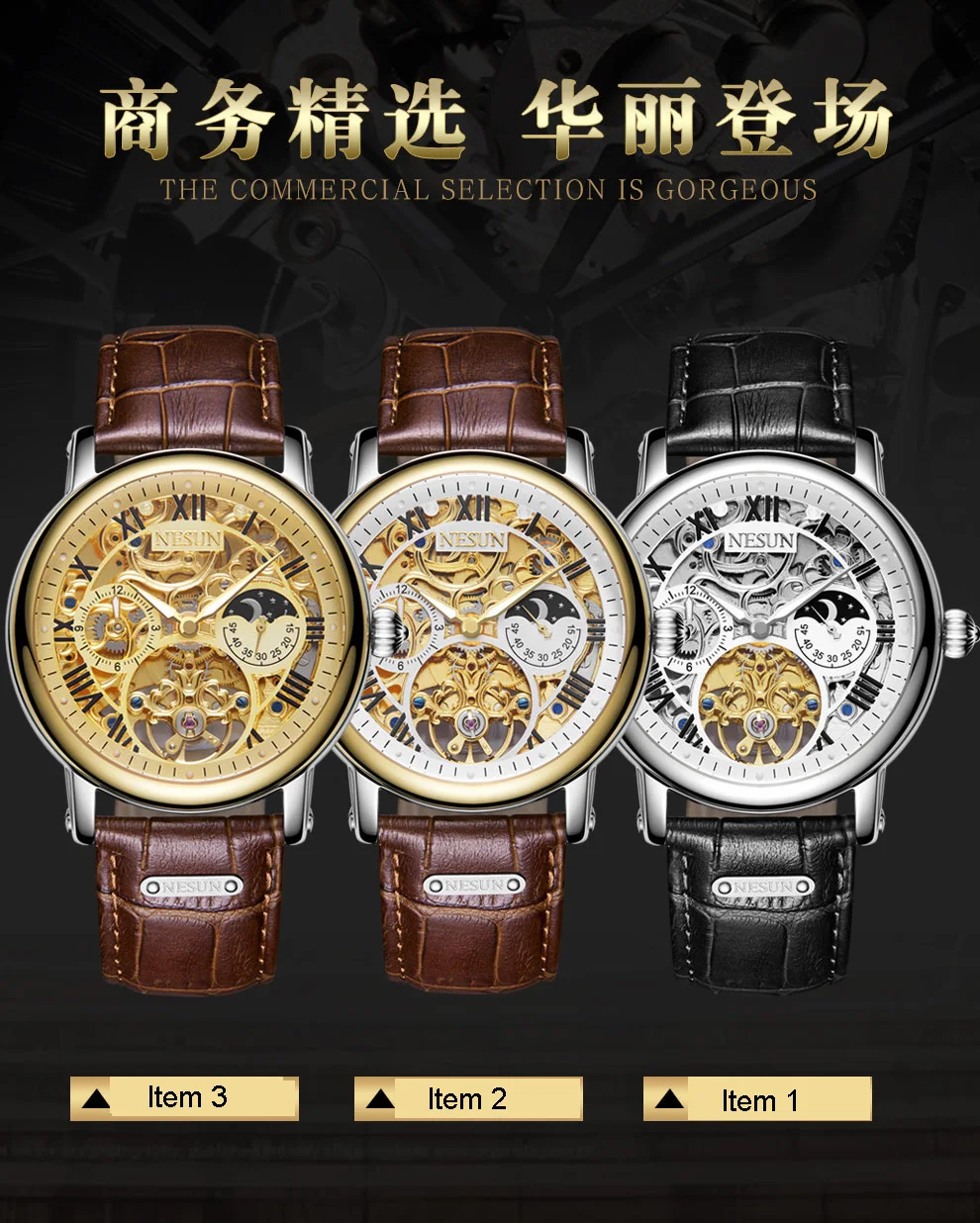 NESUN Для мужчин, мужские часы, Элитный бренд автоматические механические часы Для мужчин relogio masculino многофункциональный двойной скелет часы N9097-3