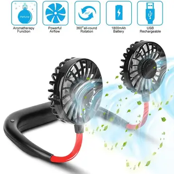 

Mini Portable Hanging Neckband Fan USB Rechargeable Double Fans Air Cooler Conditioner Colorful Aroma Electric Desk Fan For Room
