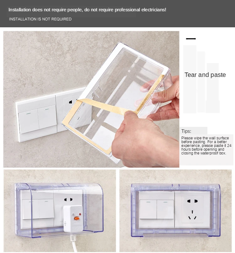 Selbstklebende wasserdichte Box, doppelt, 86 mm, universelle transparente Schaltsteckdose, Staubschutz, Badezimmer, Küche, Steckdose, spritzwassergeschützte Box – Detail 12