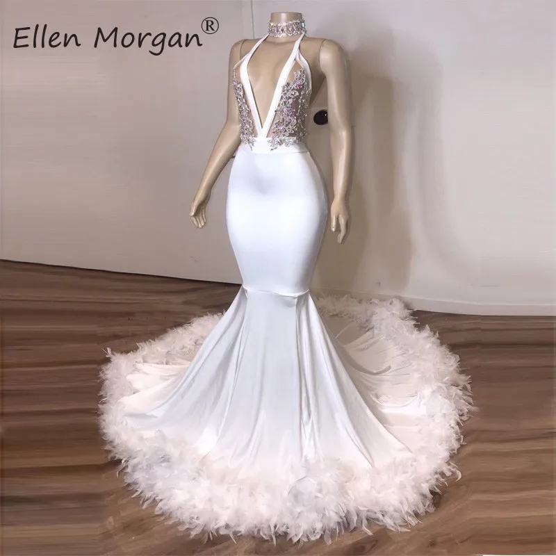 

White Mermaid Long Prom Dresses 2020 Sexy Halter Backless Feather Crystals Real Photos Party Gowns for African Black Girls