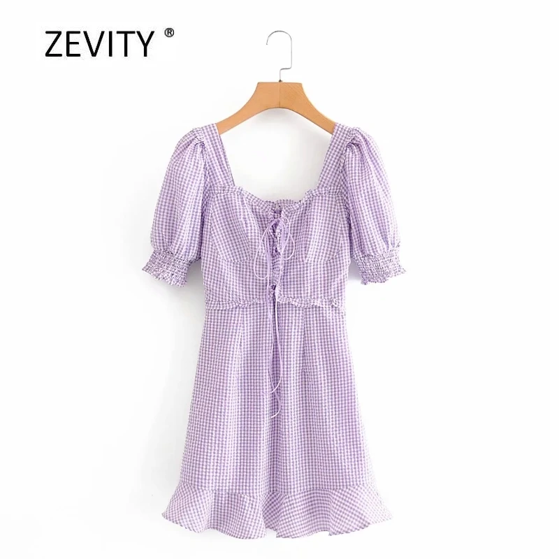 Zevity Women vintage square collar plaid print mini Dress Ladies bandage lace up casual vestido hem ruffle A Line Dresses DS4024 Zevity Women vintage square collar plaid print mini Dress Ladies bandage lace up casual vestido hem ruffle A Line Dresses DS4024
