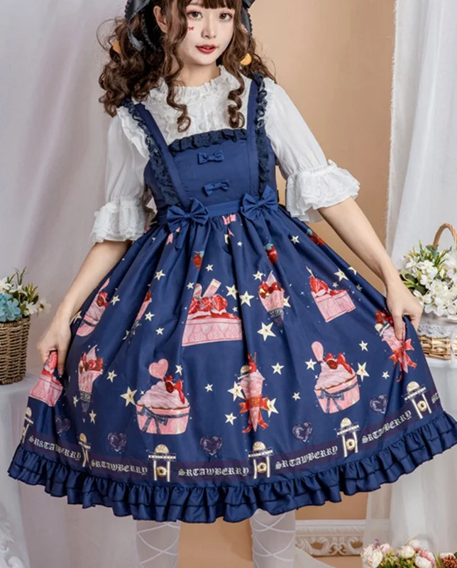

Japanese JSK Sweet Lolita Dress Lace Bow-knot Cute Printing Ruffles Princess Loli Suspender Dresses