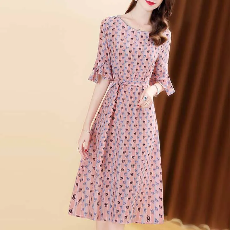 

Heavyweight Silk Mulberry Silk Dress Summer Wear 2019 New Style Women's Fashion Bell Sleeve Waist Hugging Floral-Print Long Skir