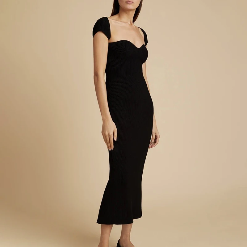 TWOTWINSTYLE Vntage Slim Knitting Women Dress Square Collar Short Sleeve High Waist Midi Dresses For Female Fashion 2020 Clothes