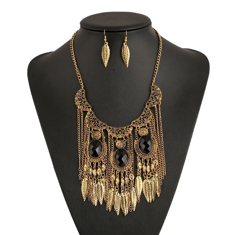 LZHLQ модное богемное этническое стильное длинное массивное ожерелье, наборы женских ювелирных изделий, винтажное ожерелье с кисточкой в виде листьев