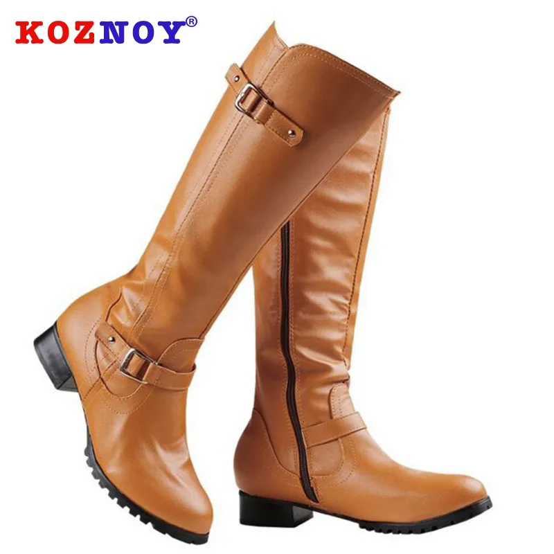 

Koznoy Women Boots Autumn Fall Winter Fashion Dropshipping Zipper Pointed Toe Flat Bottom Square Heel Metal Decoration Boots