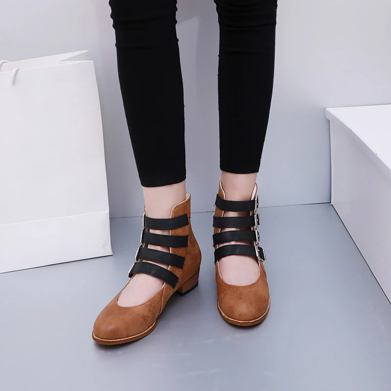 Новая женская обувь, ботинки ботильоны, сандалии женские в римском стиле с круглым носком черные, бежевые, коричневые ботинки Большие размеры 34-43