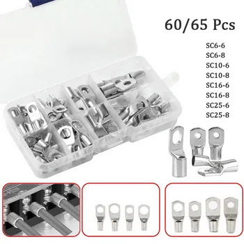 

60/65PCS SC6-25 Copper Lug Ring Wire Connectors Ring Eyes for Battery Bare Cable Electric Wire Crimp Terminal Kit with Box