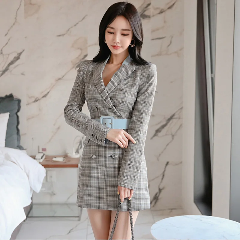 Женское двубортное платье-Блейзер винтажное короткое клетчатое платье с поясом