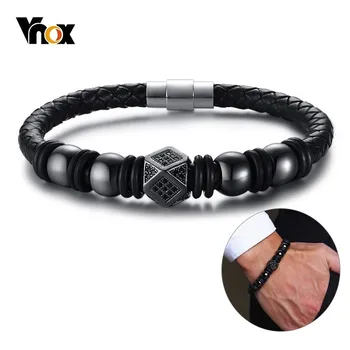 

Vnox Top Quality Micro-inlay Stones Bead Bracelets for Men Braided Leather Bangle Stainless Steel Clasp Qualified Jewel