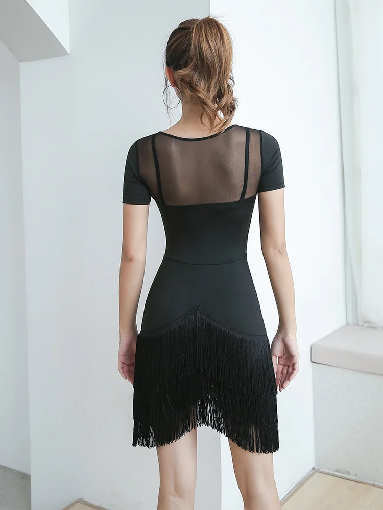 Black Tassel Latin Skirt with Short Sleeves and Mesh Back Sexy Fashion Ballroom Dress Adult Dance Chacha Rumba Costumes B0031