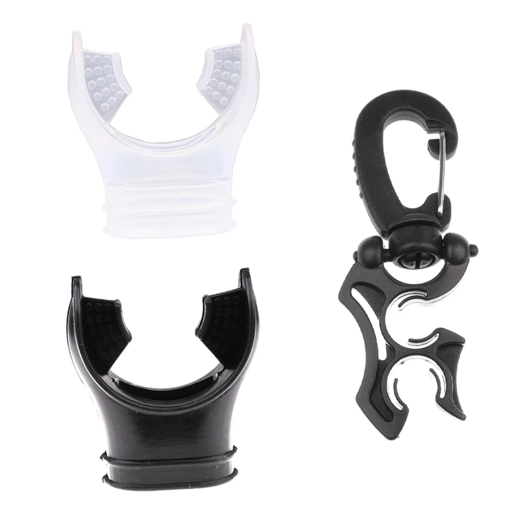 2 Pieces Soft Black + Clear Silicone Scuba Dive Tube Mouthpiece Regulator & Hose Holder Retainer Clip Gear Equipment