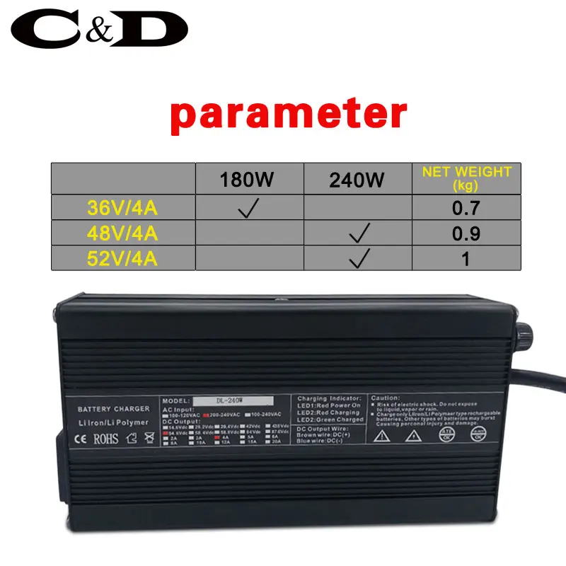 Perfect 36V 48V 52V Lithium battery charger 4A fast charger 42V 54.6V 58.8V li-ion battery pack charger ebike electric bike DC XLR RCA 2