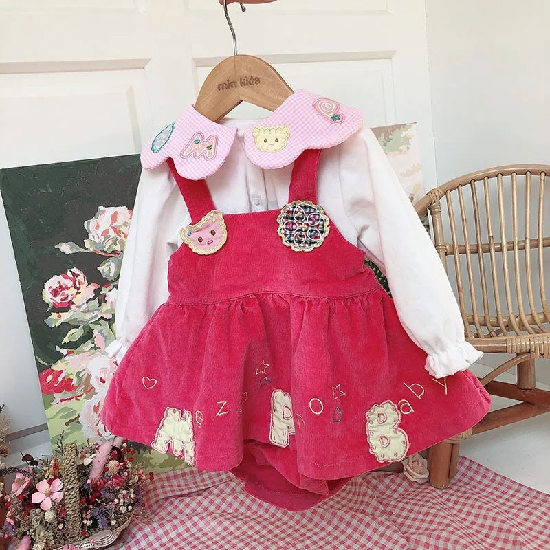 

2020new Arrivals Spring Japanese Two-piece Set Children Strap Pants and Irregular Lapel T-shirt Embroidery Lamp Velvet Clothes