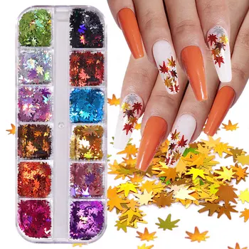 

1 Box 3D Maple Leaves Nail Art Sequins Holographic Glitter Flakes Paillette Chameleon Sequins For Nails Autumn Design Decor DIY