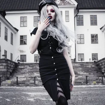 

92010 Vintage French Uniform Street Dress Woman Ins Dark Cross-waisted Button-down Skinny Dress