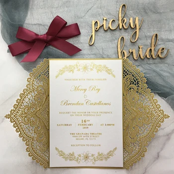 

Golden Lace Wedding Invitations Printable Invitation Cards With Burgundy Ribbon Bow Laser Cut Rsvp Cards - Set of 50 pcs