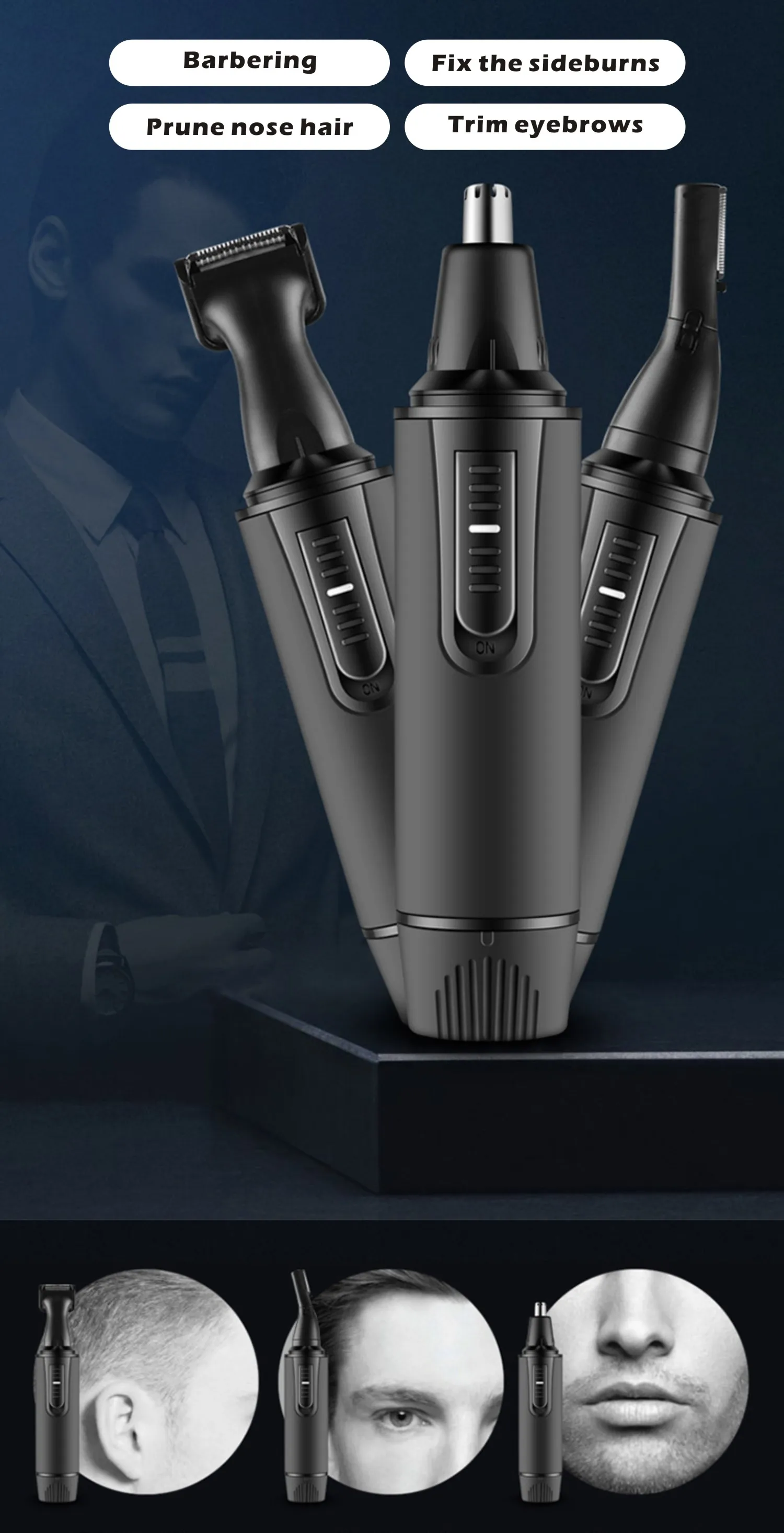 Description Picture 3 of item3 in1 Battery Style Ear Nose Trimmer Painless for Men's Shaver Hair Removal Eyebrow Beard Trimer Face Care Electric Rasoio