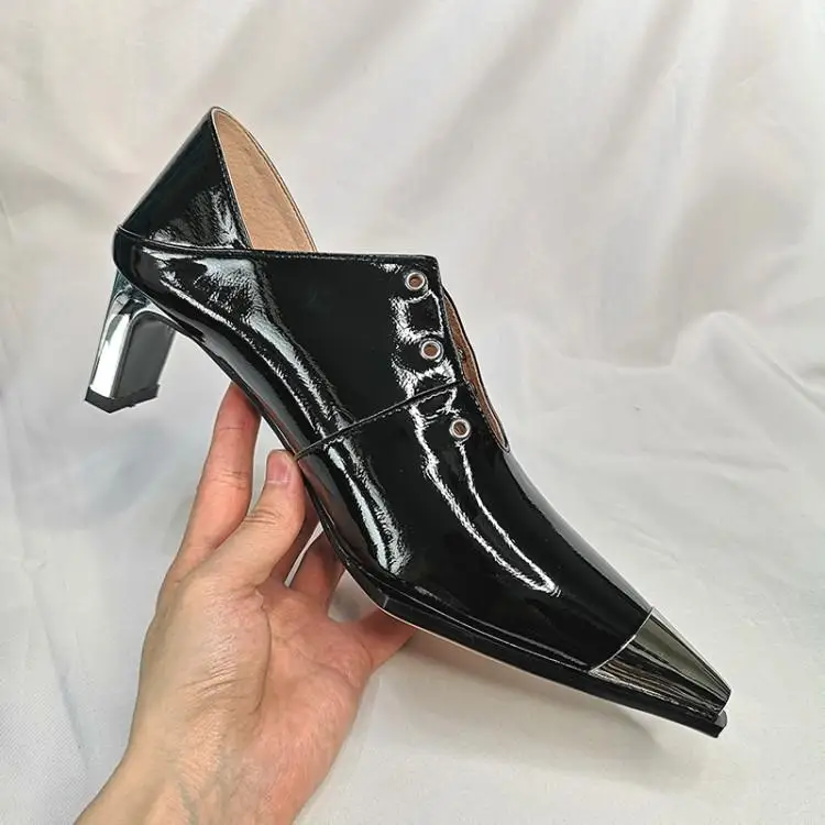 Metal Pointed Toe Patent Leathe Shoes Woman High Heels Pumps Chunky Heels Ladies Shoes Lace Up Talon Femme Party Casual Scarpin