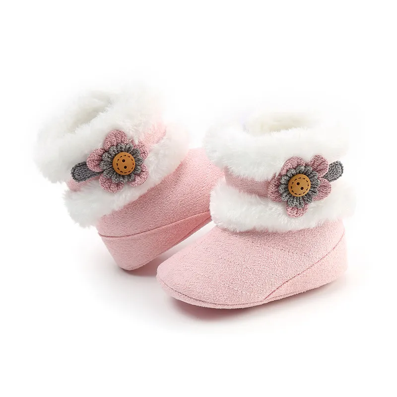 Pink Newborn Infant Baby Girls Winter Warm flower Fur Mid-Calf Length Slip-On Furry Boots 0-18M New - Color: Pink