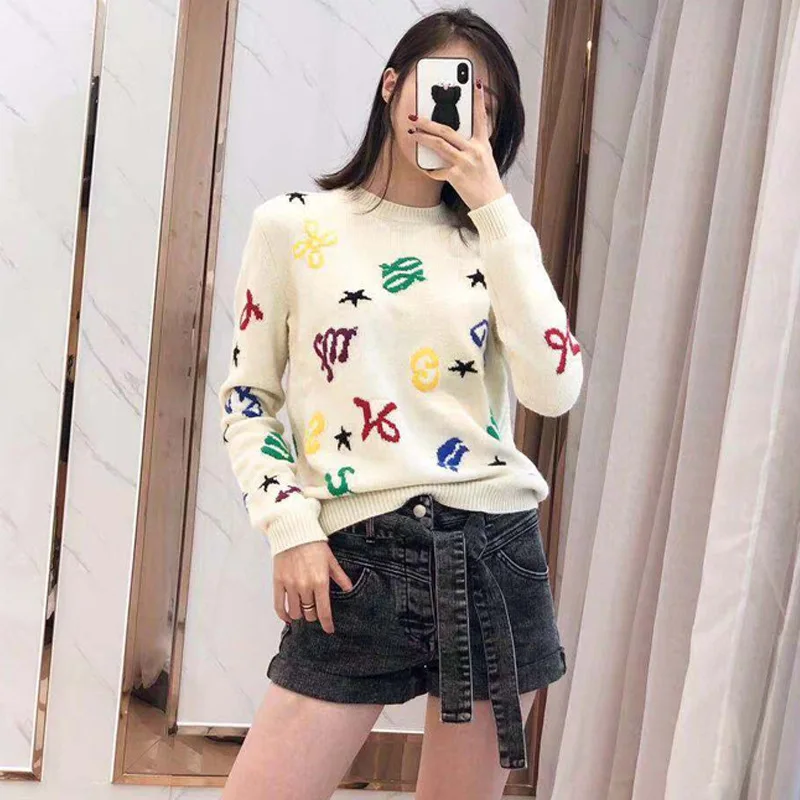 

Limited Rainbow Constellation Embroidered Knitted Sweaters Women Style Round Collar Loose Knitted Sweaters Show Skin Color 2019