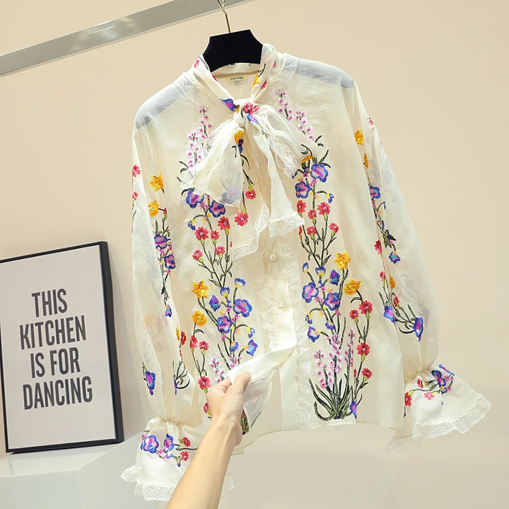 Рубашка с длинными рукавами из сетчатой ткани женская новая свободная галстук-бабочка Тяжелая блузка с вышивкой Топы Twopiece лето осень