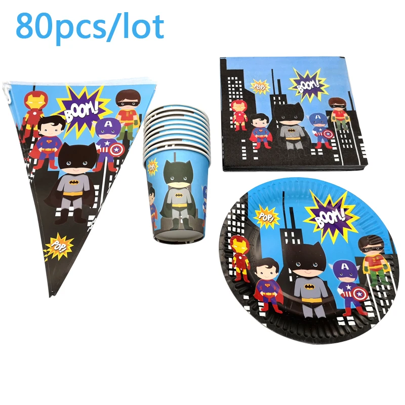 

80PCS Batman/Superman/Iron man Plates Cups Baby Shower Decora Boys Banner Super Hero Tableware Set Birthday Party Flags Napkins
