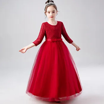 

Princess Long Lace Bow Wedding Elegant Flower Girls Dress Tutu Long-sleeved Party Evening Bierthday Children's Kids Dress WG1660