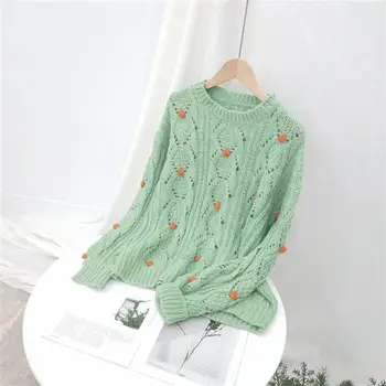 

Women Long Sleeve Crewneck Knitted Pullover Sweater Vintage Splice Autumn Ladies Sweater Jumper