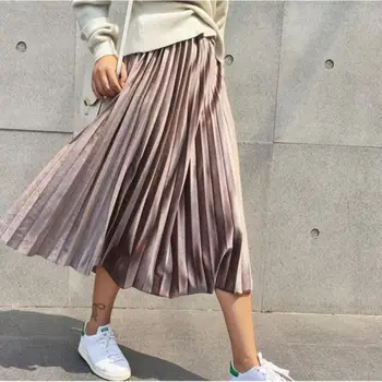

Vintage Solid Khaki High Waisted Skinny Female Velvet Skirt Pleated Skirts Fashion Spring Autumn Pleated Skirt Office Lady Femme