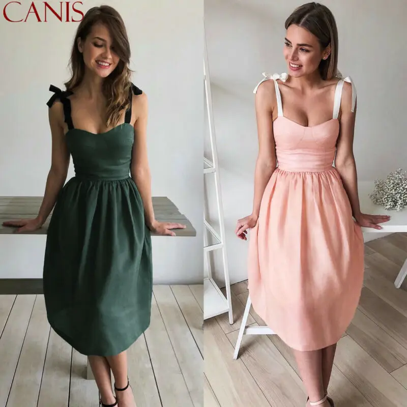

Summer Women Boho Holiday Bandage Sleeveless Strappy Plain Ruffle High Waist Beach Sundress Holiday Party Midi Dress