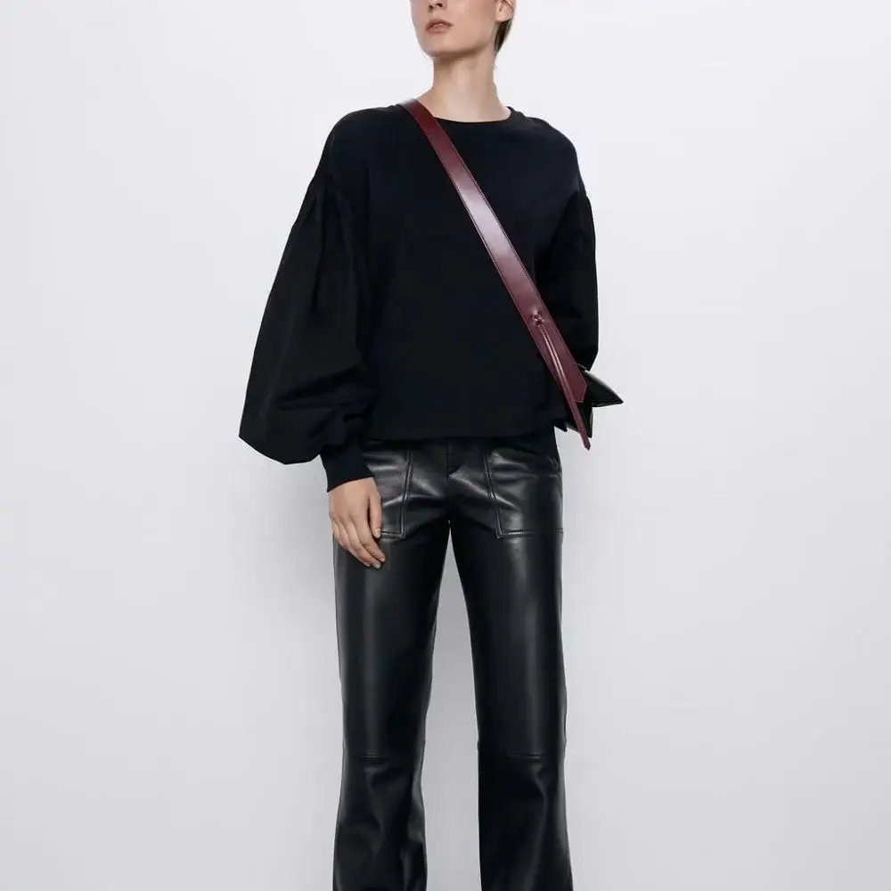 ZA autumn winter women stitching puff sleeve fashion black loose sweatshirt Casual chic lady pullover female pull woman clothes