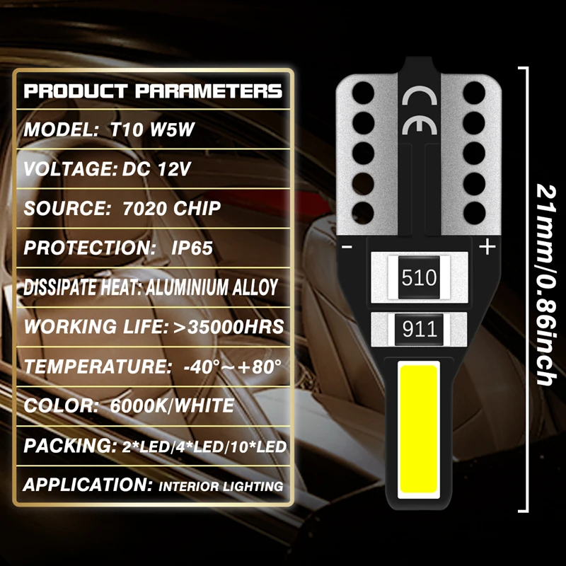 10x T10 W5W Светодиодная лампа авто интерьерный светильник для Volkswagen VW Golf Passat B7 B6 Scirocco Touareg Polo Bora транспортер автомобильный светильник