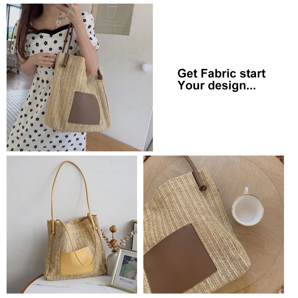 Beige Woven Raffia Tote Bag Double Handle - Plain Pattern