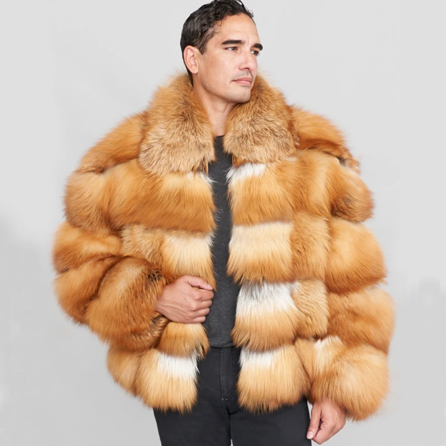 Men Genuine Leather Bomber Down Jacket with Fox Fur Collar