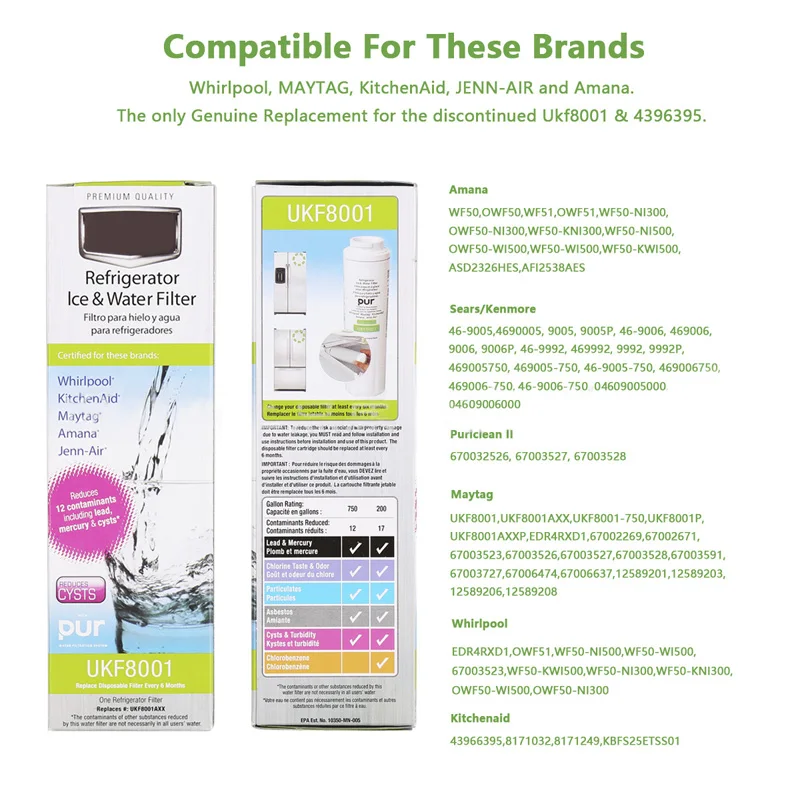 UKF8001 Refrigerator Water Filter, Compatible with UKF8001AXX-750, UKF8001AXX-200, PUR, Puriclean II, EDR4RXD1