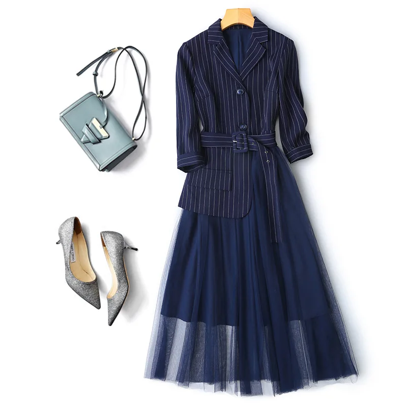 

2019 Autumn Winter Elegant Blazer Dress Women Office Casual Striped Patchwork Mesh A Line Dress Slim Suit Ladies Dresses