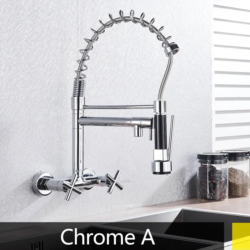 dual handle Spring Kitchen Faucet 2 spout hot Cold Water Washing Wall Mount mixer Tap 360 degree rotation - Цвет: chrome A