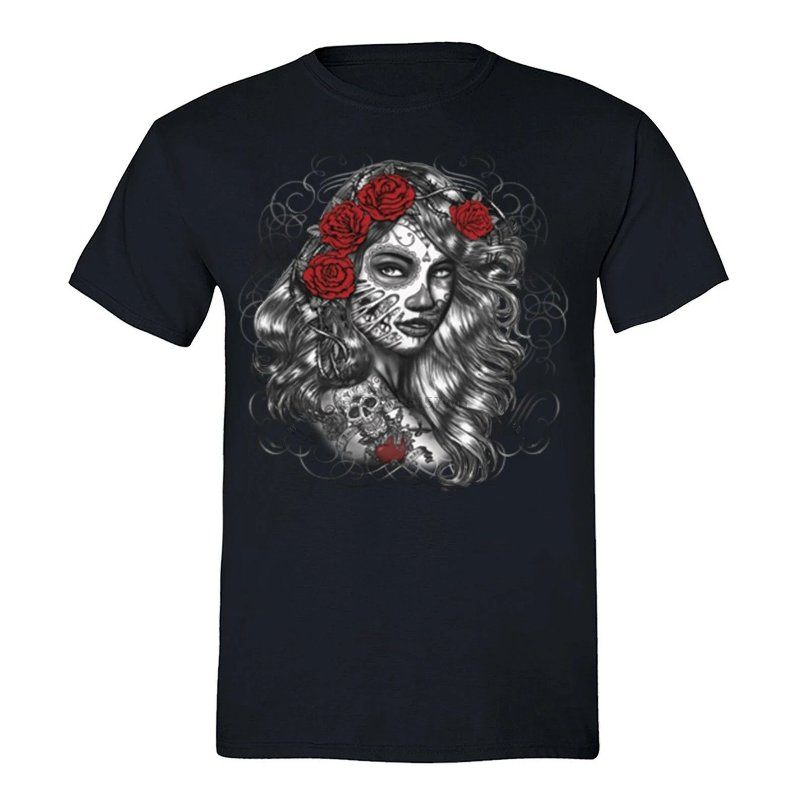 Мужская футболка Los Muertos Girl Flowers Sugar Skull Day Dead Dia Мексиканская | одежда