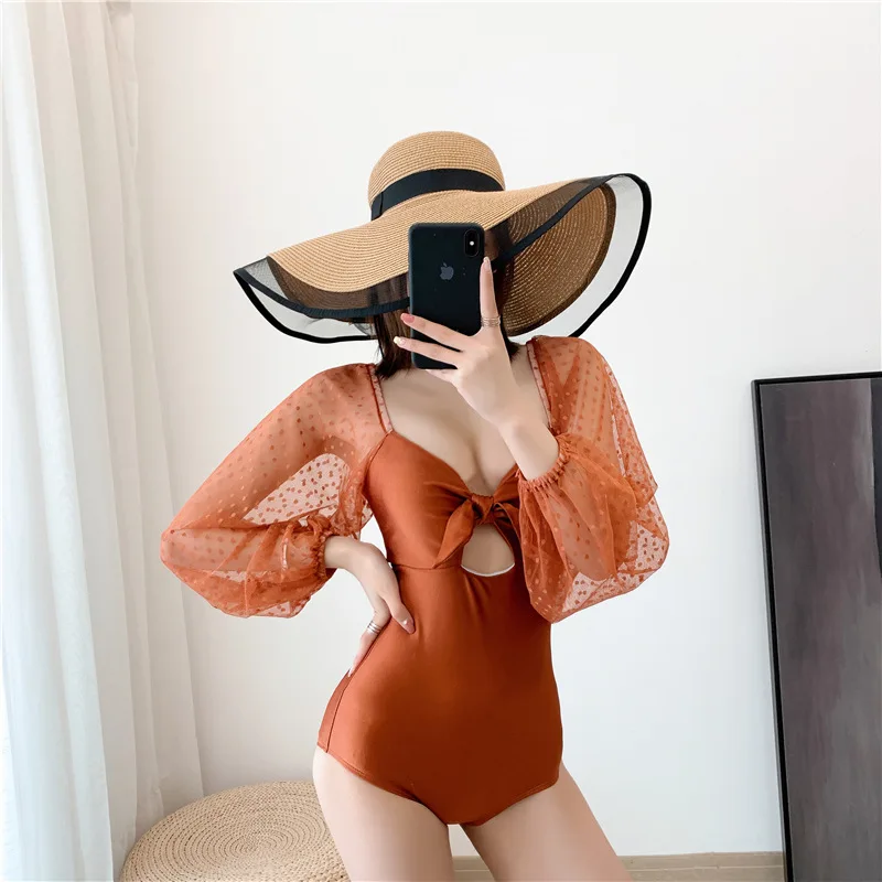 

2020 new caramel color one-piece swimsuit women sexy Japanese and Korean mesh long-sleeved lace bikini