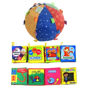 

8x Baby's First Non-Toxic Soft Cloth Book Set Crinkle,Multicolor & 1x Baby Ball Colorful Sensory Ball Toy Soft Ring Bell