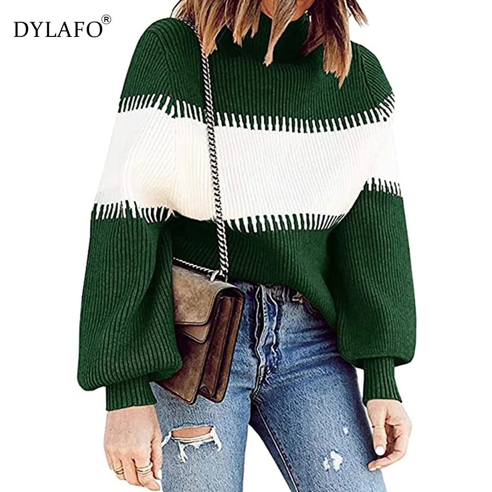 Casual Striped Patchwork Turtleneck Sweater Women