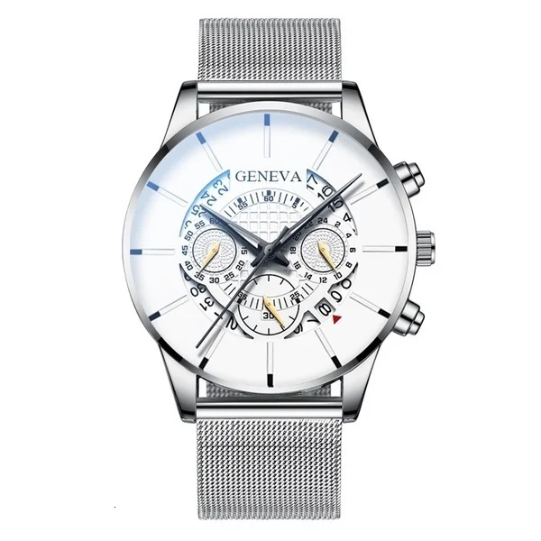 GENEVA роскошные часы мужские модные бизнес календарь нержавеющая сталь кварцевые наручные часы Мужские часы relogio masculino - Цвет: Silver White