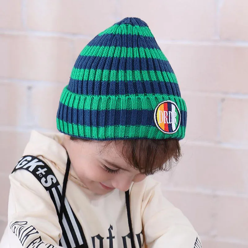 

Doitbest 6 month to 3 years old Baby boy Beanies Striped color label Winter Child knitted hat kids girls Earflap Caps