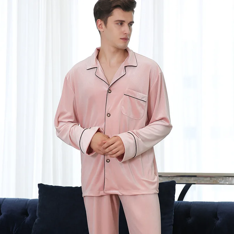 Pink M Парные пижамы, осень, золотые бархатные Модные женские пижамы с длинным рукавом, свободные мужские пижамные комплекты размера плюс, домашняя одежда - Цвет: Pink M
