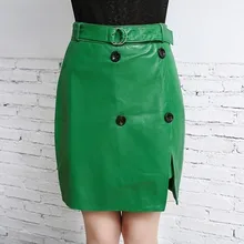 Весенняя Новинка, розовая Офисная Женская юбка из овечьей кожи, Женская Повседневная приталенная юбка с пуговицами и высокой талией, зеленая юбка Jupe Femme
