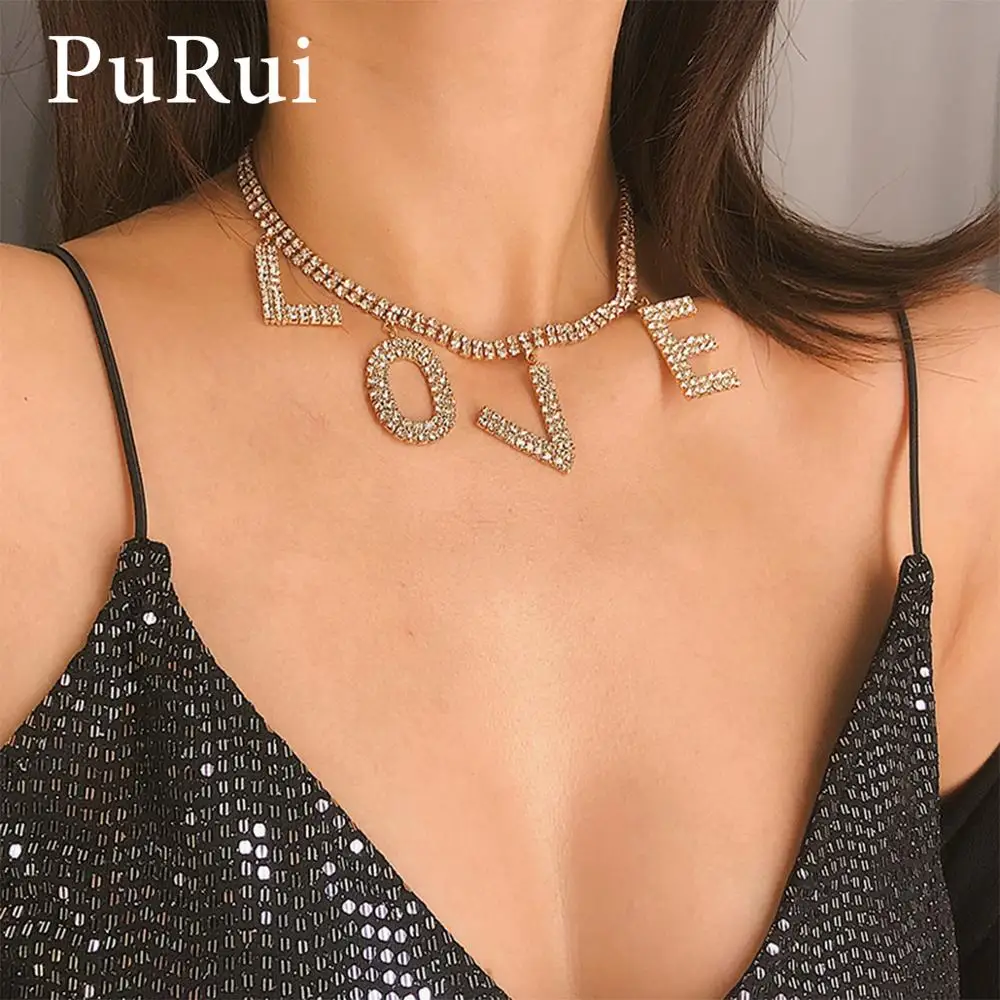 PuRui Luxury Rhinestone Chain Collar Necklace Love Letter Choker Necklace Statement Big Pendant Necklace for Women Punk Jewelry