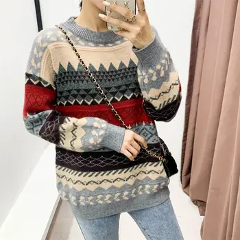 

2020 autumn and winter new literary retro round neck loose outer wear sweater women's pullover sweater top