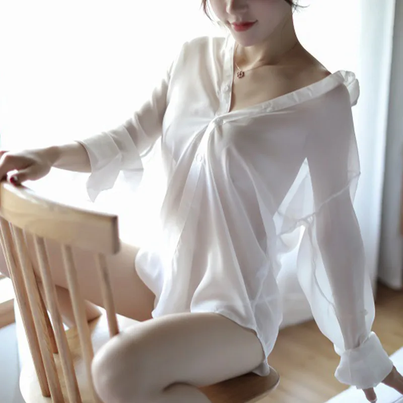 

Sexy Women Lingerie Sets Chiffon Shirt Deep V-neck Lingerie Sexy Hot Erotic Blouse G-string Women Underwear Boyfriend Shirt